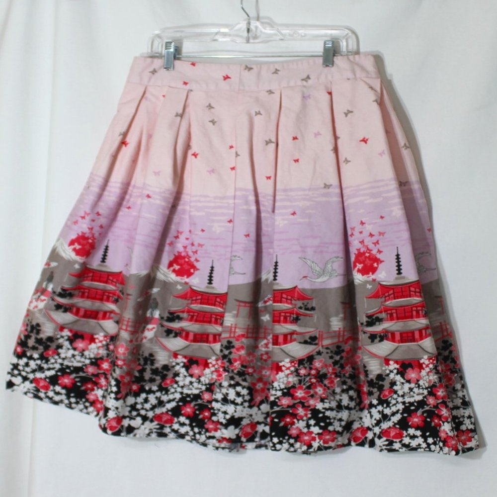 SUCREFAS Light Pink Floral Full Skirt Size XXL Oriental Print Darted Knee Length